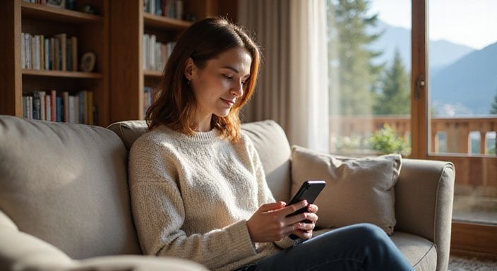 Eine Frau entspannt sich auf einem Sofa und nutzt die eDarling-App.