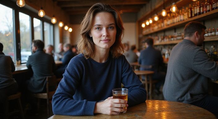 Eine Frau in einem Bargespräch mit Whiskeyglas, lächelnd und engagiert.