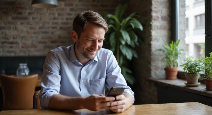 Ein Mann sitzt in einem Café und scrollt auf Lovescout24.