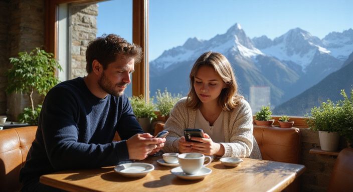 Ein Paar in einem Café konzentriert auf ihre Smartphones und wollen Flirt kontakt in Graubünden.