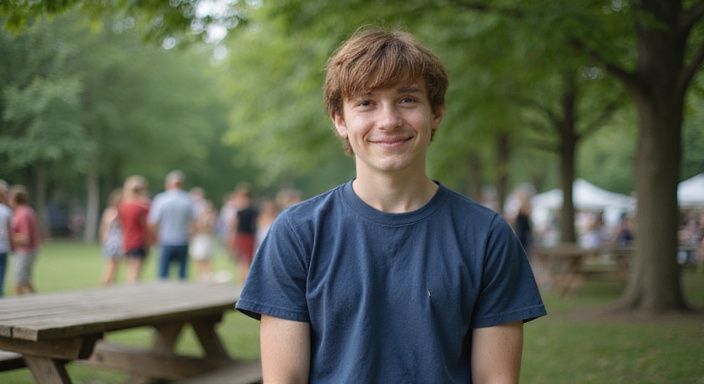 Junge Person in lässigem Outfit lächelt bei Gemeinschaftsveranstaltung.