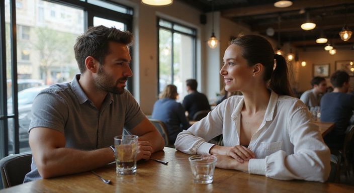 Ein Mann und eine Frau führen ein freundliches Gespräch über Flirt kontakt in Graubünden in einem Restaurant.