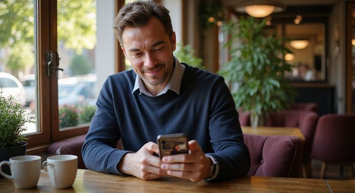 Ein Mann betrachtet eine Frau in einer Dating-App für Flirt kontakt in Graubünden in einem Café.