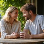 Ein Paar sitzt lächelnd an einem kleinen Tisch in einem Café