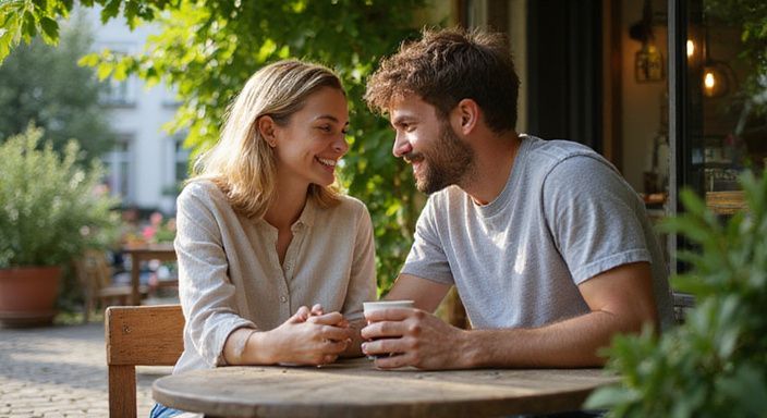 Ein Paar sitzt lächelnd an einem kleinen Tisch in einem Café