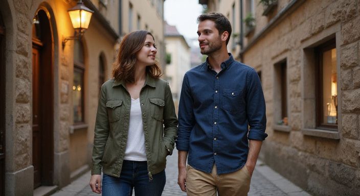Ein Paar spaziert entspannt durch die Altstadt von Chur.