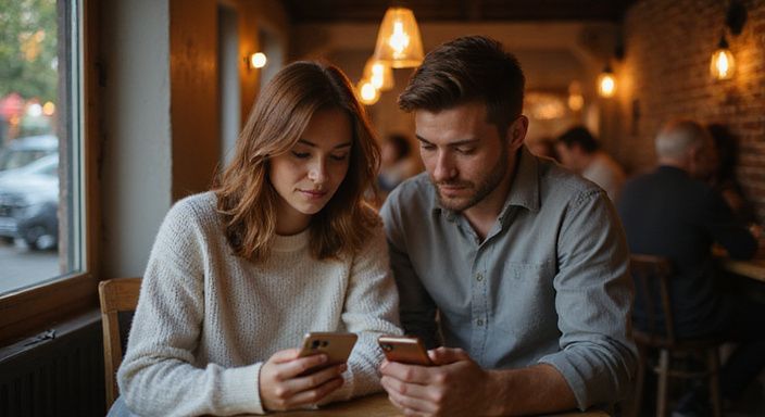 Ein junges Paar sitzt in einem gemütlichen Café und suche auf Smartphones nach Flirt kontakt in Graubünden.