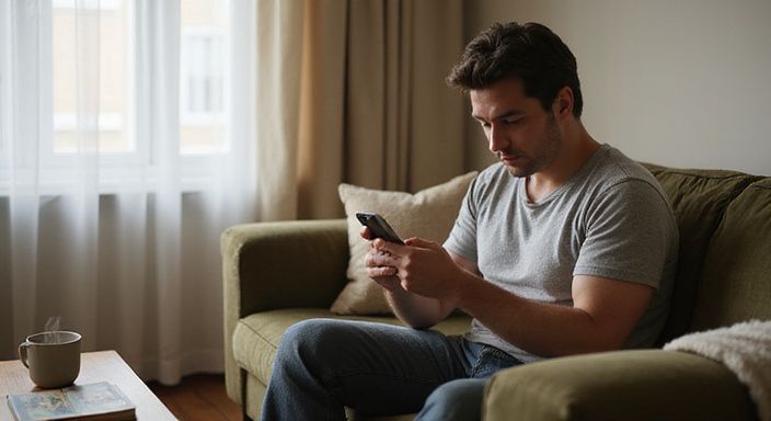 Eine Person in einem gemütlichen Wohnzimmer nutzt eine Dating-App für Flirt Kontakt und Sextreffen in Neuenburg.