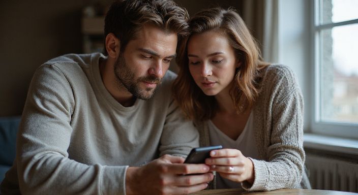 Ein Paar untersucht konzentriert gemeinsam ein Smartphone und wollen Flirt Kontakt und Sextreffen in Neuenburg.
