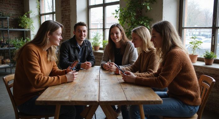 Fünf junge Erwachsene genießen eine entspannte Unterhaltung in einem Café.