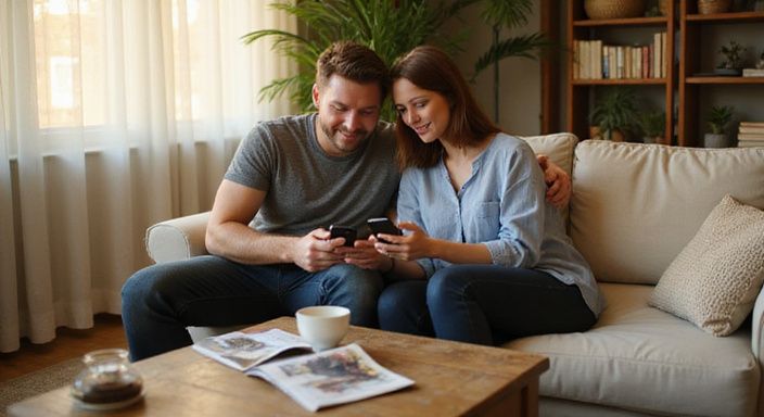 Ein Paar sitzt auf einem Sofa und nutzt Smartphones.