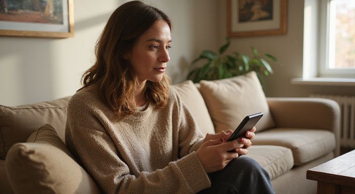 Eine Frau entspannt sich mit einem Smartphone in ihrem Wohnzimmer.