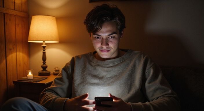 Eine Person in einem gemütlichen Raum nutzt ein Smartphone.