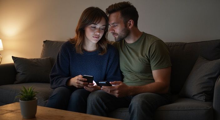 Ein Paar sitzt eng beieinander auf einem grauen Sofa und diskutiert über Flirt Kontakt und Sextreffen in Neuenburg.