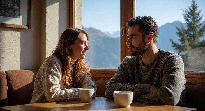 Ein Paar in einem gemütlichen Café genießt ihre Zeit zusammen.