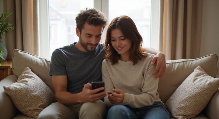 Ein Paar nutzt eine Dating-App für Flirt Kontakt und Sextreffen in Neuenburg auf einer gemütlichen Couch.
