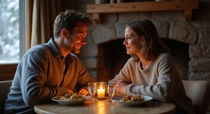 Ein Paar genießt eine intime Abendessen-Atmosphäre in einem Schweizer Chalet.