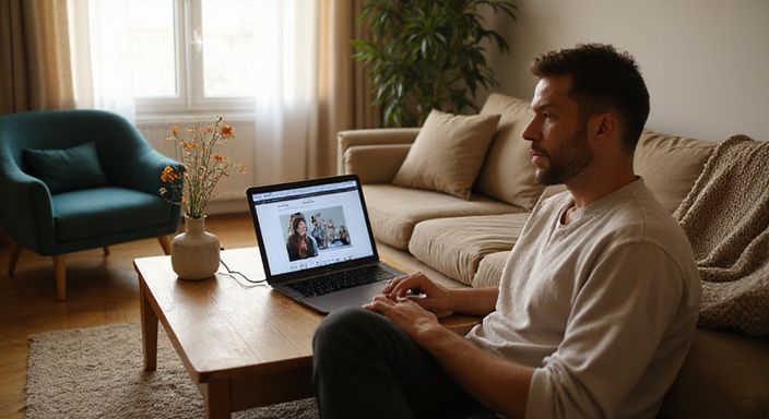 Eine gemütliche Wohnzimmer-Szene mit entspanntem Individuum und Laptop.