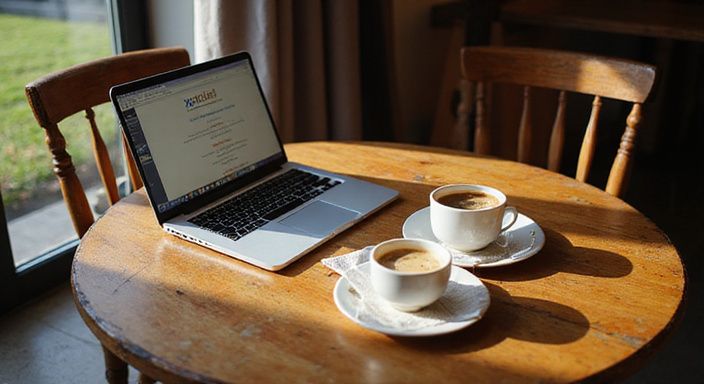 Ein gemütlicher Cafétisch mit Kaffee und einem offenen Laptop.