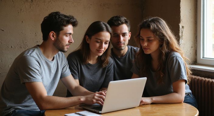 Eine Gruppe junger Erwachsener recherchiert Dating-Apps auf einem Laptop. Eine Gruppe junger Erwachsener recherchiert Dating-Apps für Flirt Kontakt und Sextreffen in Schwyz auf einem Laptop.