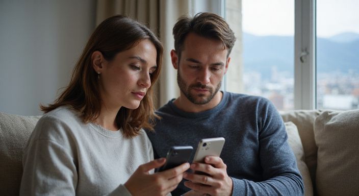 Ein Paar sitzt entspannt auf einem Sofa und nutzt Smartphones. Ein Paar sitzt entspannt auf einem Sofa und nutzt Smartphones.