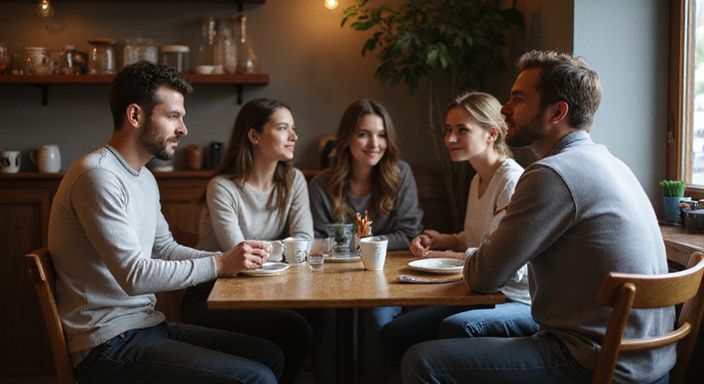 Fünf Freunde diskutieren entspannt über Online-Dating in einem Café. Fünf Freunde diskutieren entspannt über Flirt Kontakt und Sextreffen in Schwyz in einem Café.