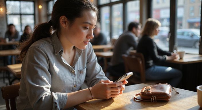 Junge Frau in Café, konzentriert auf Dating-App auf Smartphone. Junge Frau in Café, konzentriert auf Dating-App für Flirt Kontakt und Sextreffen in Schwyz auf Smartphone.