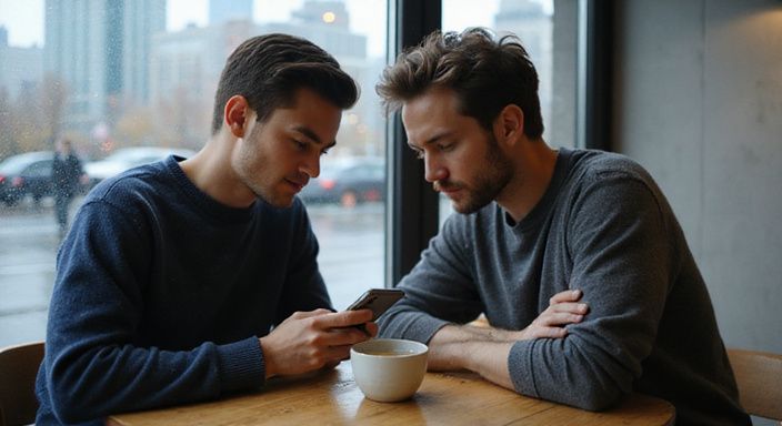 Zwei Millennials konzentriert auf ihre Smartphones in einem Café und suche Flirt Kontakt und Sextreffen in Zug.