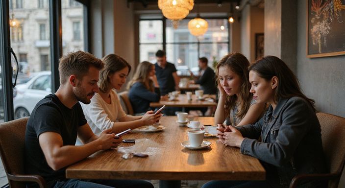 Eine Gruppe junger Erwachsener sitzt in einem belebten Café.