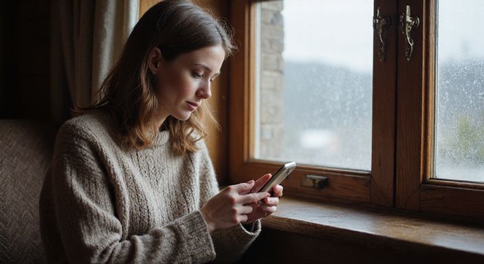 Eine Frau in den 40ern sitzt nachdenklich am Fenster und wollen sexkontakt in Bayern.
