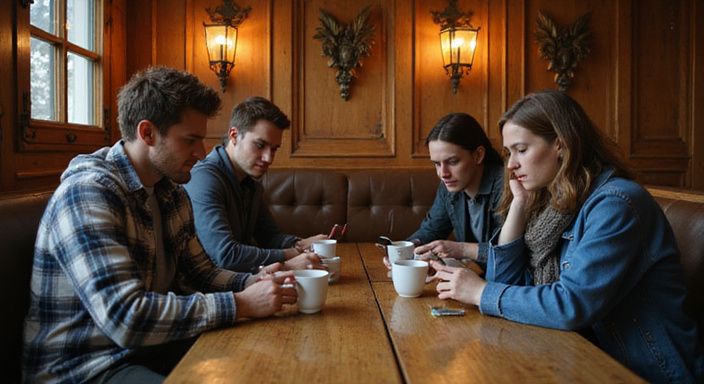 Junge Erwachsene genießen Zeit in einem traditionellen bayerischen Café.