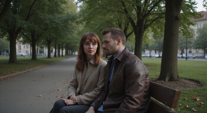 Ein Paar sitzt nachdenklich auf einer Parkbank in München