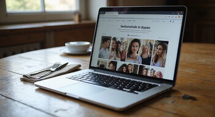 Ein Laptop zeigt eine Dating-Website für Bayern auf einem Holzschreibtisch.