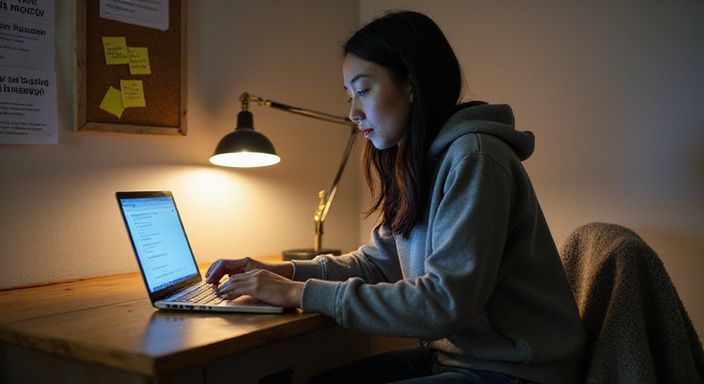 Eine junge Frau arbeitet konzentriert an ihrem Laptop an einem Schreibtisch und suche sexkontakt in Bayern.