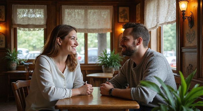 Ein Paar in einem gemütlichen bayerischen Café genießt anregende Gespräche.