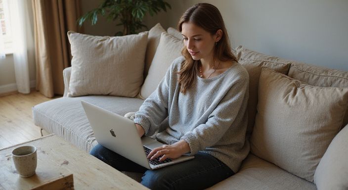 Eine Frau betrachtet nachdenklich Online-Dating-Profile für sexkontakt in Bayern auf ihrem Laptop.