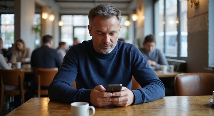 Ein mittelalterer Mann sitzt konzentriert an einem Tisch in einem Café und suche sexkontakt in Bayern.