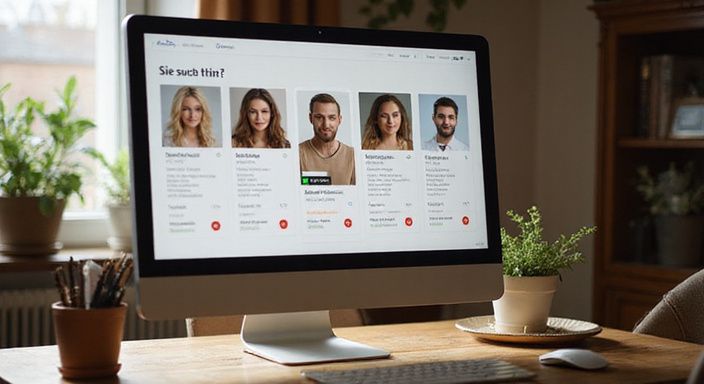 Ein Computerbildschirm zeigt eine moderne Dating-Plattform für sexkontakt in Bayern mit Benutzerprofilen.