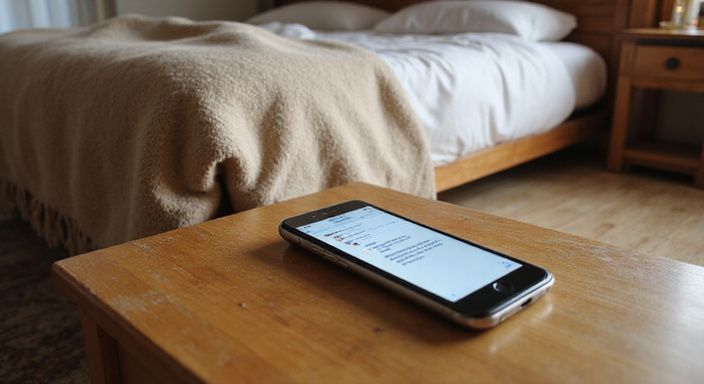 Ein Smartphone auf einem Nachttisch in einem gemütlichen Schlafzimmer.