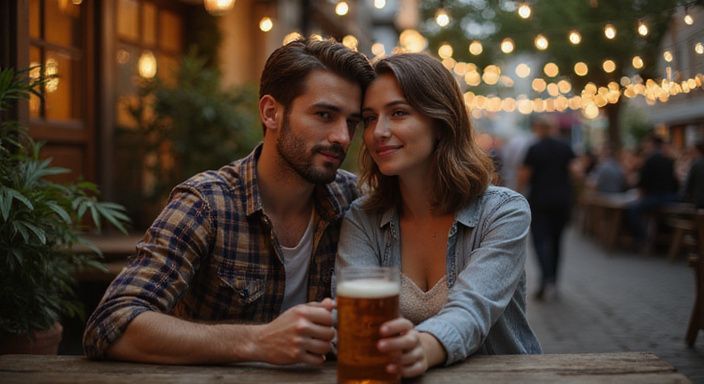 Ein junges Paar sitzt eng zusammen in einem Biergarten.