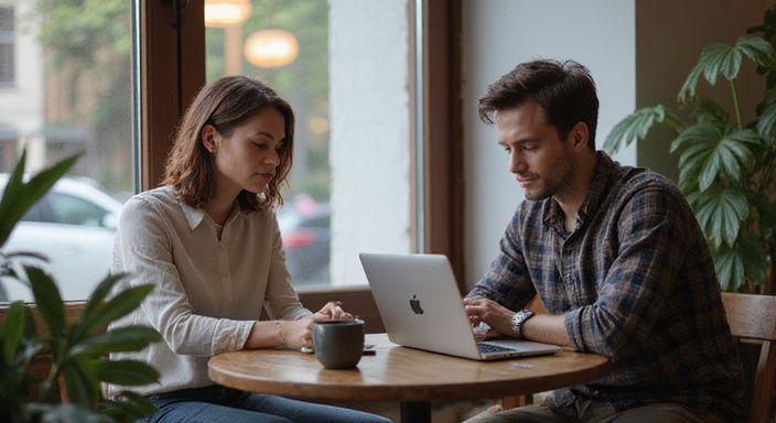 Ein Paar arbeitet konzentriert an einem Laptop in einem Café. Ein Paar arbeitet konzentriert an einem Laptop in einem Café.