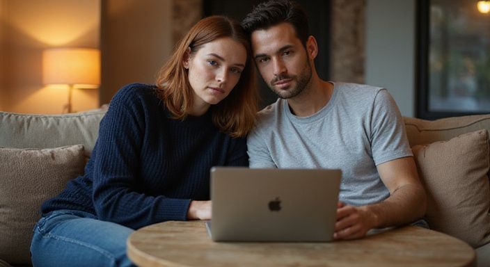 Ein Paar sitzt auf der Couch und schaut konzentriert auf ein Laptop. Ein Paar sitzt auf der Couch und schaut konzentriert auf ein Laptop.