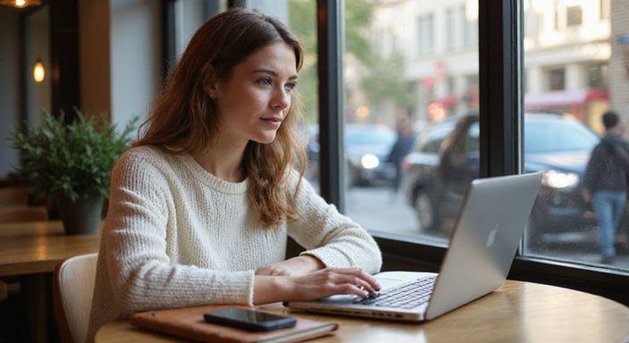 Eine fokussierte Frau arbeitet an ihrem Laptop in einem Café. Eine fokussierte Frau arbeitet an ihrem Laptop in einem Café.