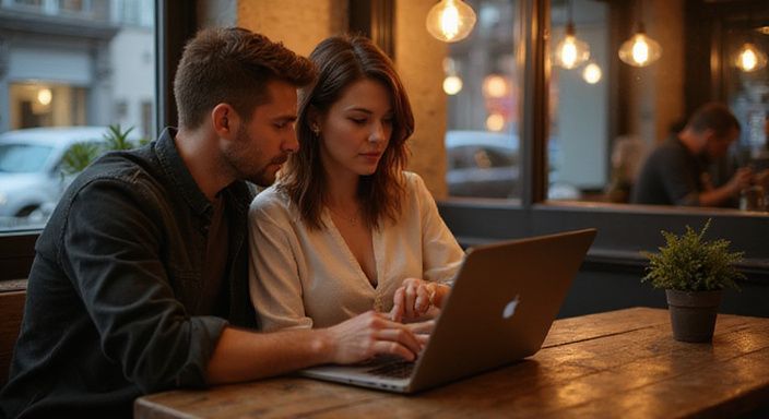 Ein Paar arbeitet gemeinsam konzentriert an einem Laptop in einem Café. Ein Paar arbeitet gemeinsam konzentriert an einem Laptop in einem Café.