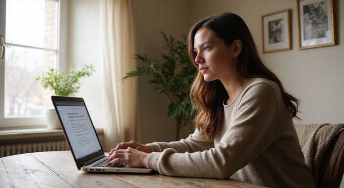 Junge Frau arbeitet konzentriert an ihrem Laptop in gemütlicher Umgebung. Junge Frau arbeitet konzentriert an ihrem Laptop in gemütlicher Umgebung.