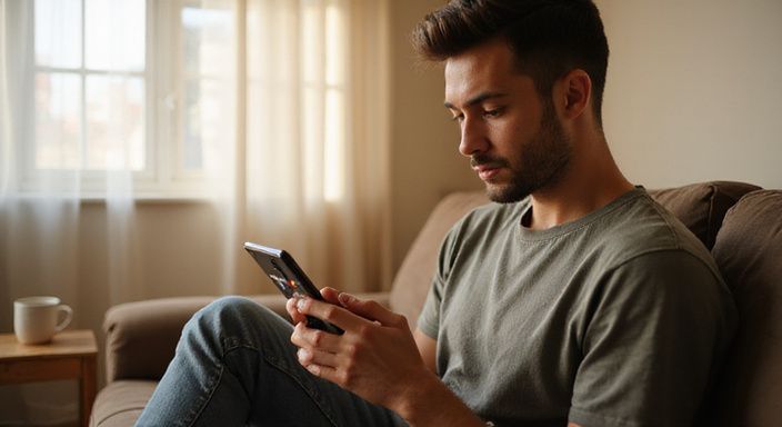 Eine Person nutzt eine Dating-App, entspannt auf einem abgenutzten Sofa. Eine Person nutzt eine Dating-App, entspannt auf einem abgenutzten Sofa.