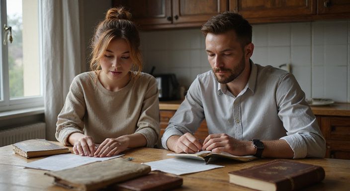 Ein Paar diskutiert konzentriert über österreichisches Sexualrecht am Küchentisch. Ein Paar diskutiert konzentriert über österreichisches Sexualrecht am Küchentisch.