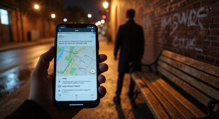 Eine Person wartet an einer Bank in einer städtischen Nachtstraße. Eine Person wartet an einer Bank in einer städtischen Nachtstraße.