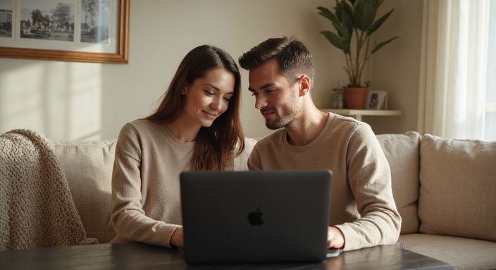 Ein Paar sitzt entspannt auf einem Sofa und schaut auf einen Laptop. Ein Paar sitzt entspannt auf einem Sofa und schaut auf einen Laptop und suche sexkontakte in Österreich.