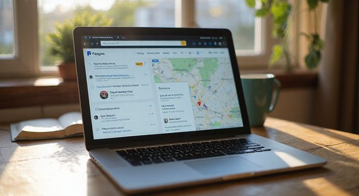 Moderne Laptop-Oberfläche mit Online-Plattform, Kartenservice und Nachrichtenfenster. Moderne Laptop-Oberfläche mit Online-Plattform, Kartenservice und Nachrichtenfenster.